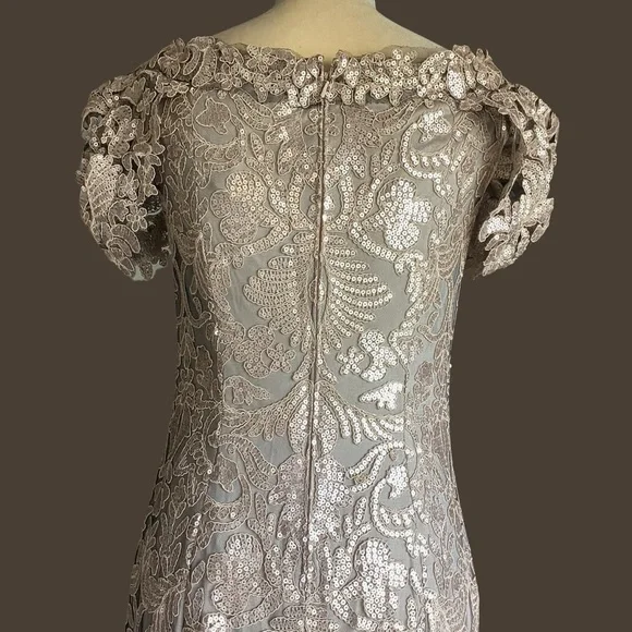 Tadashi Shoji Gown Size 8 Tan/Gold Lace Lined Cap Sleeve Wedding Formal Event